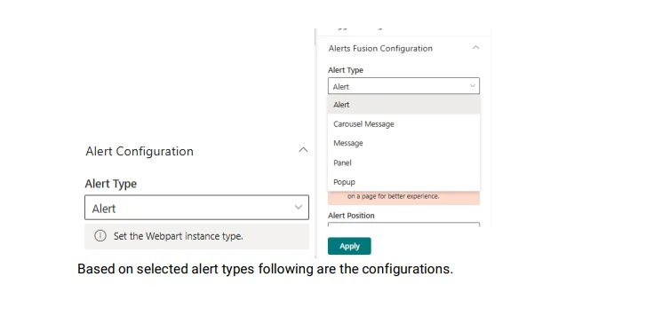 Alert Type dropdown in the Alerts Fusion property pane listing Alert, Carousel Message, Message, Panel and Popup