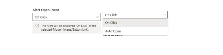 Alert Open Event dropdown with On Click and Auto Open options