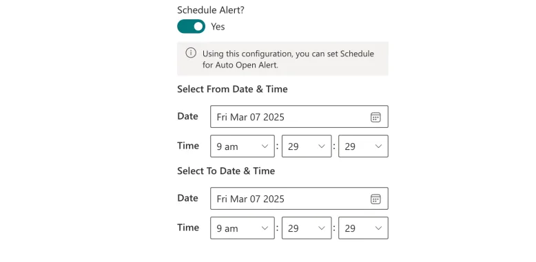 Schedule Alert setting with from and to date and time pickers