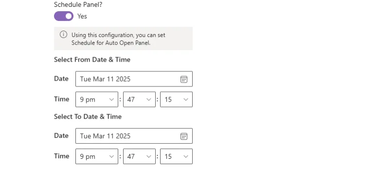 Schedule Panel toggle with from and to dates and times