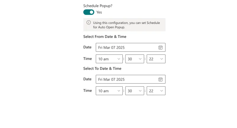 Schedule Popup toggle with from and to dates and times