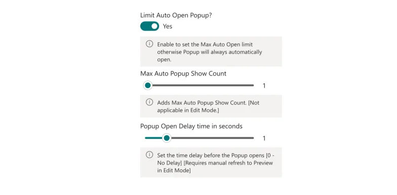 Limit auto open popup with maximum show count and open delay sliders