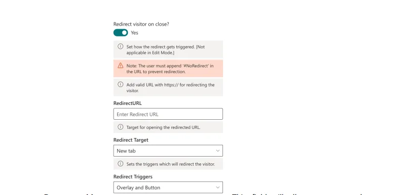 Redirect visitor on close settings with redirect URL, target and triggers