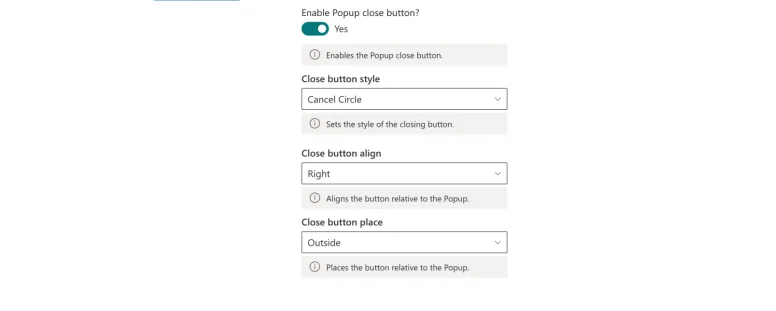 Popup close button style, alignment and placement settings