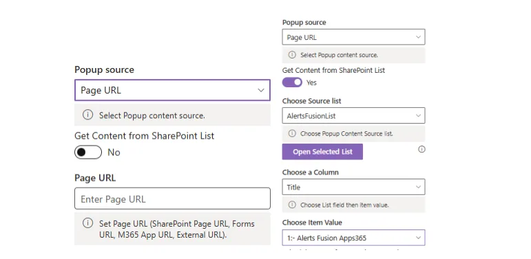 Page URL field and the option to get content from a SharePoint list