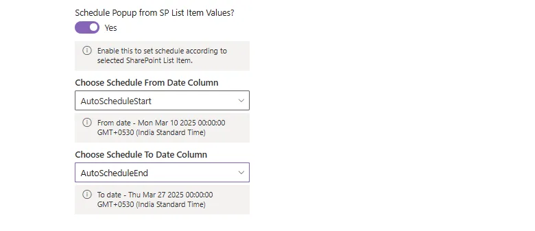 Schedule popup from SharePoint list item values using date columns