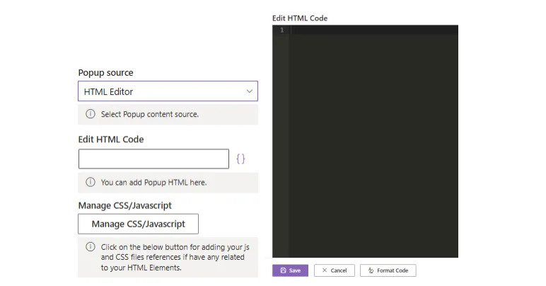 HTML editor with the Manage CSS and JavaScript button