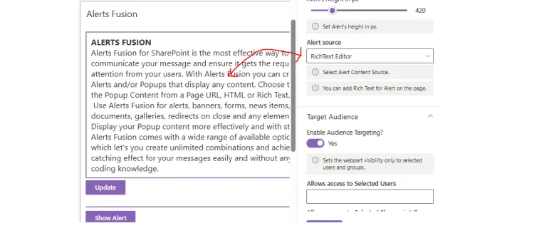 Rich text editor in Alerts Fusion showing formatted alert content