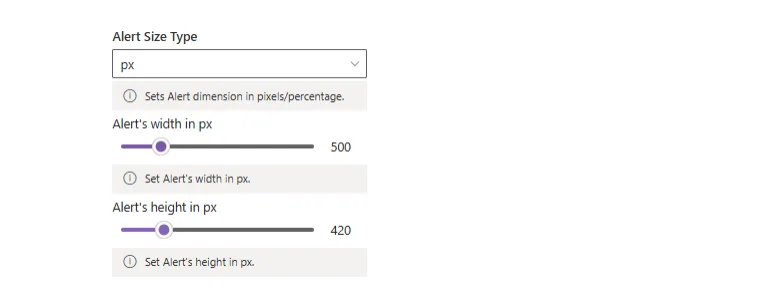 Alert size type with width and height sliders