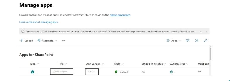 Apps for SharePoint list in the app catalog showing the Alerts Fusion package deployed with No errors