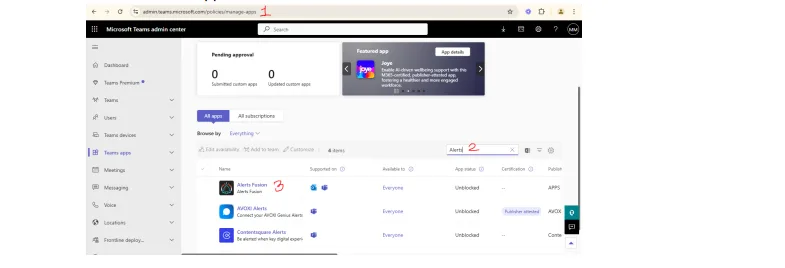 Teams admin center Manage apps page showing the Alerts Fusion app