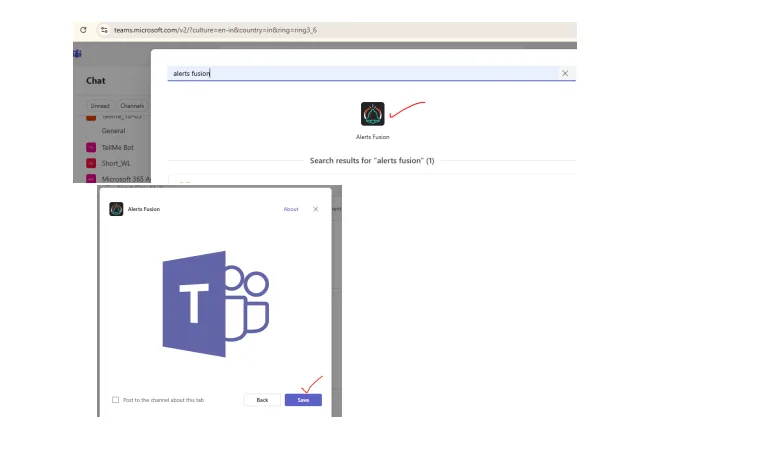 Alerts Fusion selected in the Teams add a tab dialog