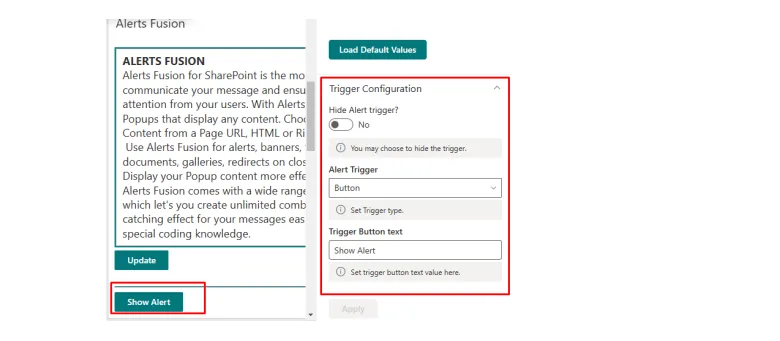 Alerts Fusion button trigger on a SharePoint page with the button text setting in the property pane