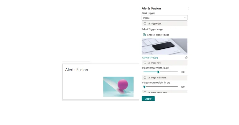 Alerts Fusion image trigger on a page with image source options in the property pane