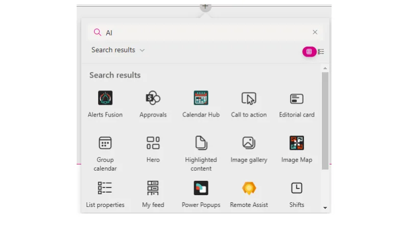 SharePoint web part picker with the Alerts Fusion web part available to add