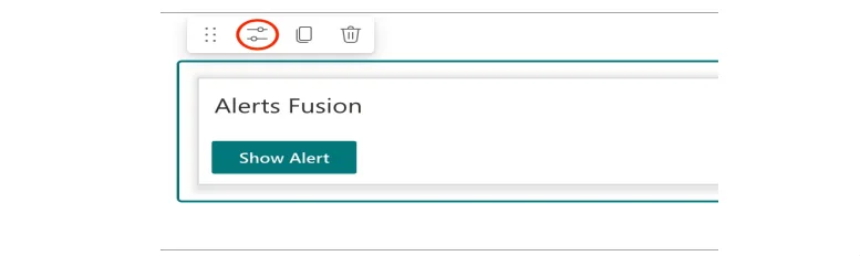 Alerts Fusion web part on a page with its edit properties icon highlighted
