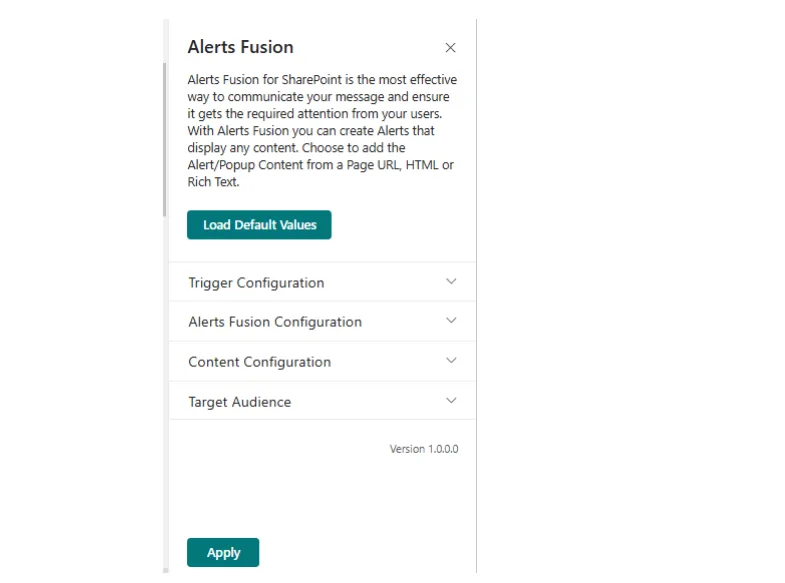 Alerts Fusion property pane on a modern SharePoint page